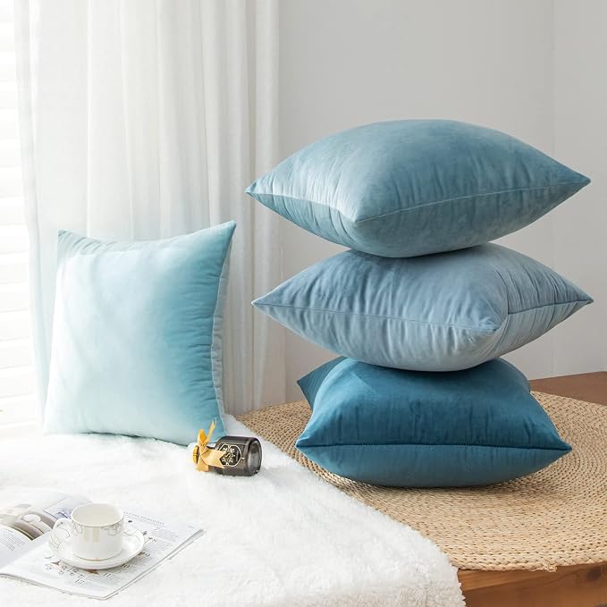 Velvet Decorative Throw Pillow Covers, Soft Square Cushion Case Home Decor for Living Room Couch Bed Sofa, Set of 2 Pack, Teal, 16x16 Inch