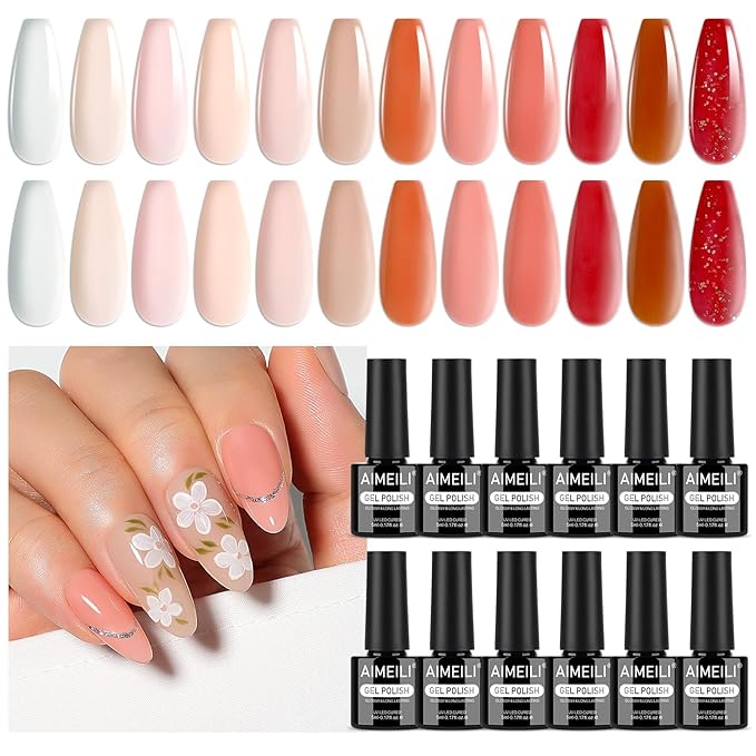 AIMEILI Jelly Gel Nail Polish Set 12pcs, Hema Free, Cruelty Free, Vegan, Soak Off Nude Pink Neutral Sheer Nail Art Manicure - Kit 31