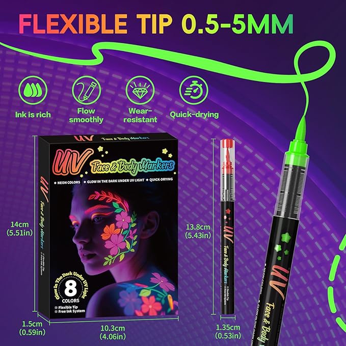 Glow in the Dark Body Paint,Halloween Makeup Kit,Neon Face Painting Markers Pen for Skin Glow Under Black Light, Washable UV Temporary Tattoo Pens for Glow Party Supplies (8 color)