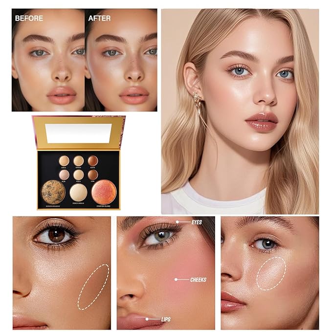 K'APEINE All in One Baked Makeup Palette, Eyeshadow, Blush Highlighter & Bronzer Face Kit Neutral Tones Baked Powder Palette with Matte Shimmer Finish Hign Pigment Full Face Makeup Gift Set for Women