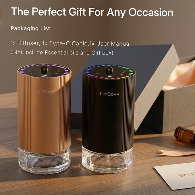 UrrSovv Waterless Car Essential Oil Diffuser Battery Operated (Gold) | Waterless Aluminum Alloy 4000mAh Long Lasting Battery Operated Essential Oil Diffuser for Car Home Office