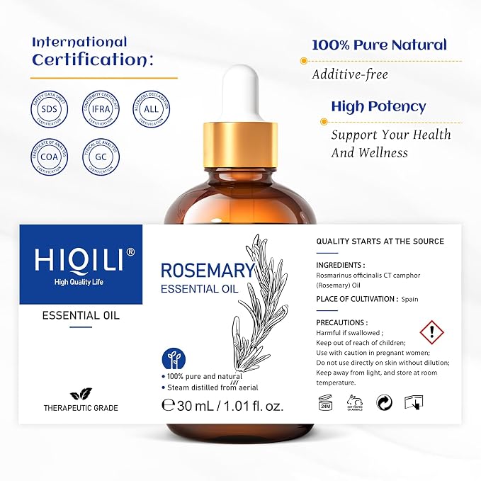 HIQILI Rosemary Essential Oil, Add to Shampoo & Conditioner - 1 Fl Oz | Add to Diffuser for a Refreshing Atmosphere, Blend Into DIY Candles and Sprays for an Uplifting Scent —30mL / 1.01 fl oz