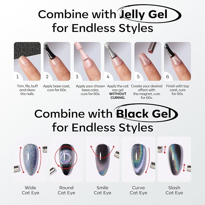 modelones Black Cat Eye Gel Nail Polish Silk Glass Shimmer Black Nail Polish Holographic Glitter Magnetic Polish with Magnet Soak Off Led 15 ML