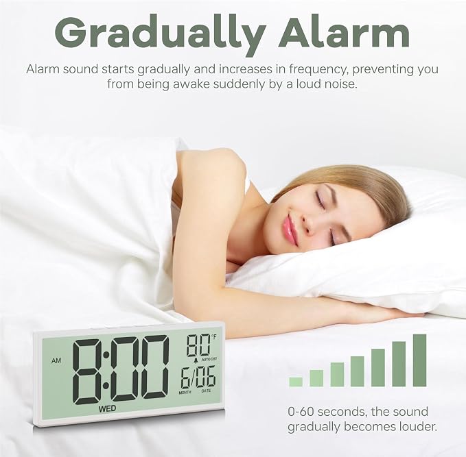 JALL Large Digital Wall Clock Battery Operated, Wall Clock with Big Numbers LCD Display, Digital Clock with Simultaneous Date Day Temperature, Auto DST, Clocks for Office, Gym, Bedroom, Elderly- White