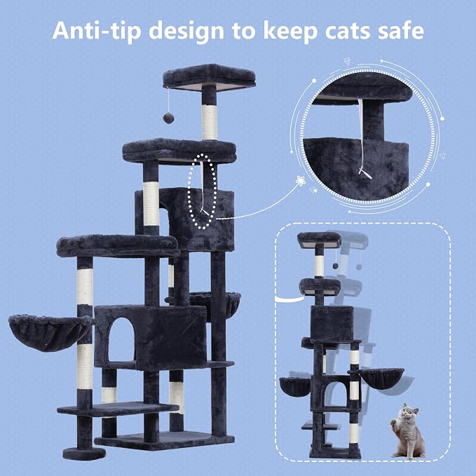 Hey-brother Cat Tree Tower with Stable Extended Base, 3 Platforms, MPJ038G | 70.9 Inches Multi-Level Sisal Scratching Posts, Wide Bed, 2 Cozy Condos, 2 Hammocks, Toy Balls for Indoor Cats, Smoky Gray