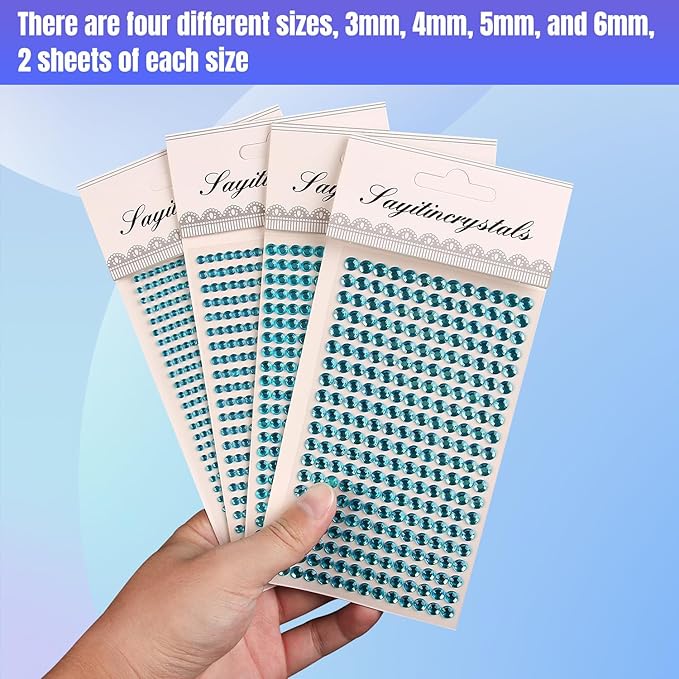 8 Sheets Rhinestone Stickers,3584 Pcs Gem Stickers for DIY Face Eyes Makeup Hair(Blue-3/4/5/6mm)