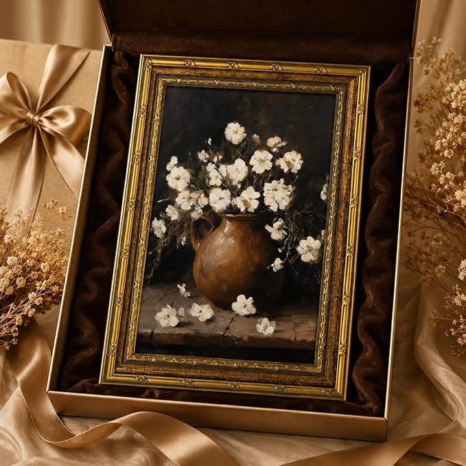 Vintage White Flower Canvas Wall Art,Gold Framed Floral Wall Decor11x9in | Antique White Flower Picture Artwork For Cottagecore Living Room, Bedroom and Entryway and Gallery Wall