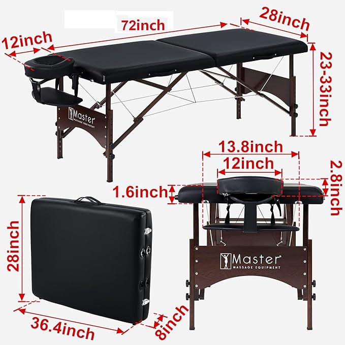 Master Massage Argo 28" Portable Massage Table with Walnut Legs – Spa Bed, Lash Table, Tattoo Bed, Beauty Bed – Black