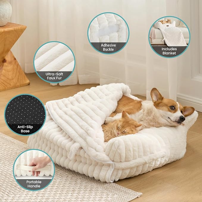 COZY KISS Cute Cat Bed with Removable Cover, Multifunctional Plush Faux Fur Pet Couch Bed with Blanket, Ultra-Soft Pet Furniture for Cats & Small Dogs (Cream, M: 32''x24'')
