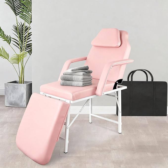Portable Tattoo Chair, Adjustable Massage Facial Bed with Removable Headrest & Armrest, Foldable Spa Chair with Carry Bag, 73 Inch Esthetician Bed for Salon Beauty Barber Spa Tattoo (Pink)