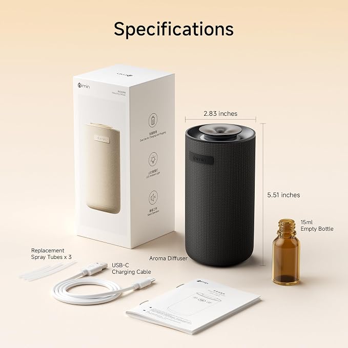 Nimin Smart Auto Start-Stop Car Diffuser, Waterless Essential Oil Diffuser for Home & Car, 2000mAh Battery Powered Cordless Scent Machine, Fits 5/10/15ml Bottles, Black