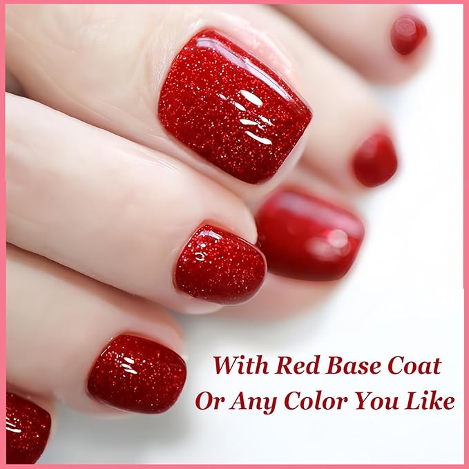 Red Glitter Nail Polish, Clear Base Sparkly Nailpolish with Red & White Glitter, 12ML Air Dry Gel Nail Polish No UV Needed, Transparent Sparkle Top Coat for Women Girls