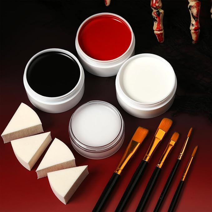 Black White Red Face Paint Kit – Large 50g Oil-Based Grease Makeup Set with Remover Balm, 5 Brushes & 4 Sponges – Waterproof, Full Coverage Halloween, Cosplay & Stage SFX Makeup