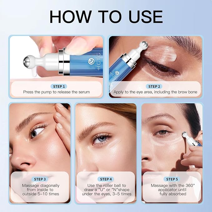 5% Caffeine Eye Serum with 360° Metal Roller, Under Eyes Cream for Dark Circles, EyeBags & Puffiness, Cooling Treatment for Women, 0.67 fl oz / 20 mL