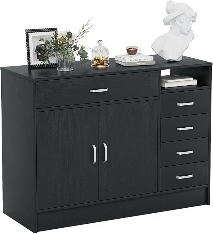 5-Drawers Salon Furniture Salon Storage Station, Free Standing Cabinet for Hair Stylist, Beauty Spa Furniture w/1 Large Capacity Cabinet & 1 Open Shelf, Spa Bathroom Equipment, Black