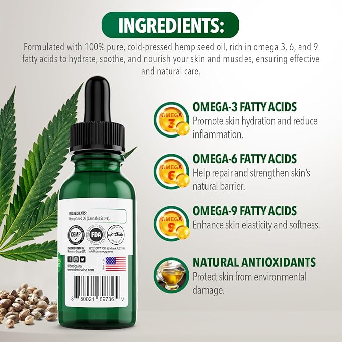 Dr. Robaina Hemp Seed Oil 2 oz – Cold Pressed for Skin & Massage – Deep Hydration, Omega 3 6 9 – Fast Absorbing, Non-Greasy – Made in USA – No Additives