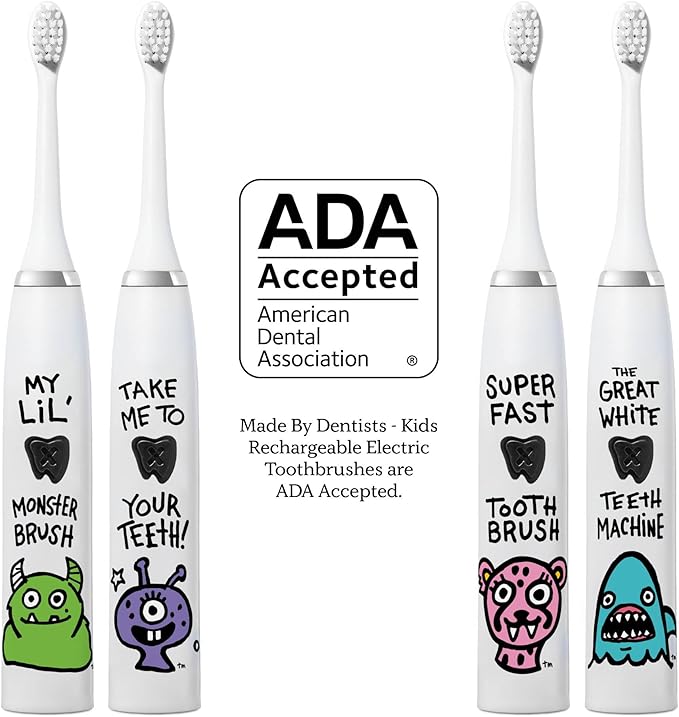 Made by Dentists Kids Electric Toothbrush - Rechargeable Vibrating Toothbrush with Timer, Includes 6 Replacement Heads, Gently Cleans Teeth, Kid & Toddlers Age 2+, Shark