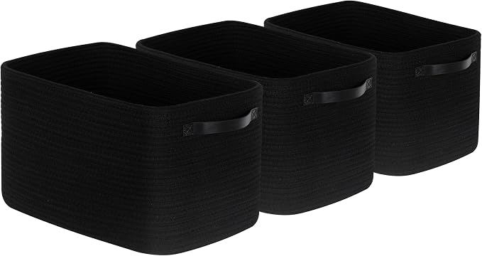 3-Pack Storage Baskets for Shelves, Decorative Baskets for Organizing, Woven Baskets for Storage, Book Basket Cube Bin Box, Pantry Closet, Shoe Organizer, Black / Black