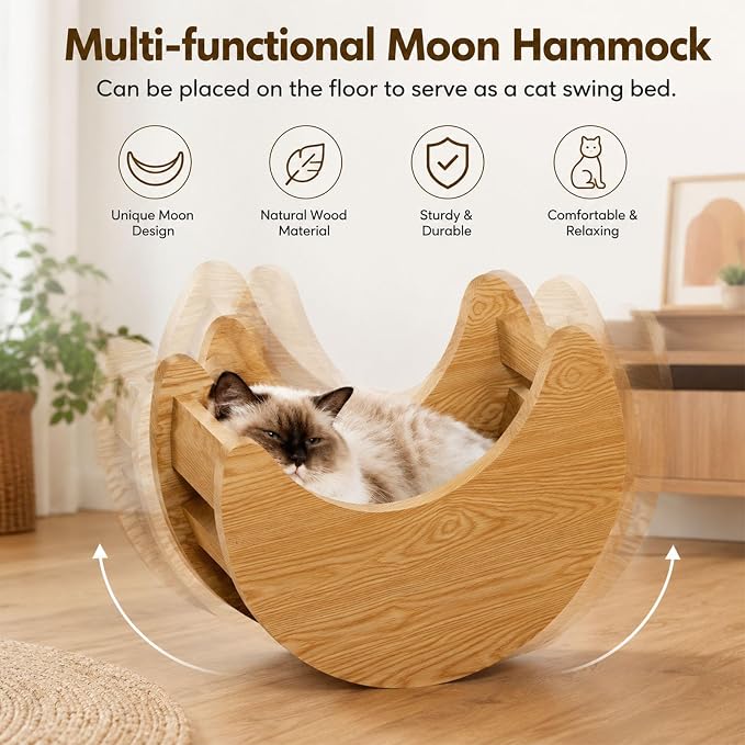 Solid Wood Climbing System for Large Cats, 7-Piece Cat Wall-Mounted Furniture with Moon Bed, Star House, Suspension Bridge and Scratching Post for Indoor Cats