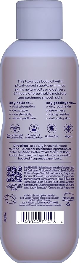 eos Cashmere Oil, Vanilla, 24 Hour Moisture, Plant-Based Squalane to Soothe, Soften and Smooth Dry Skin, 6 fl oz