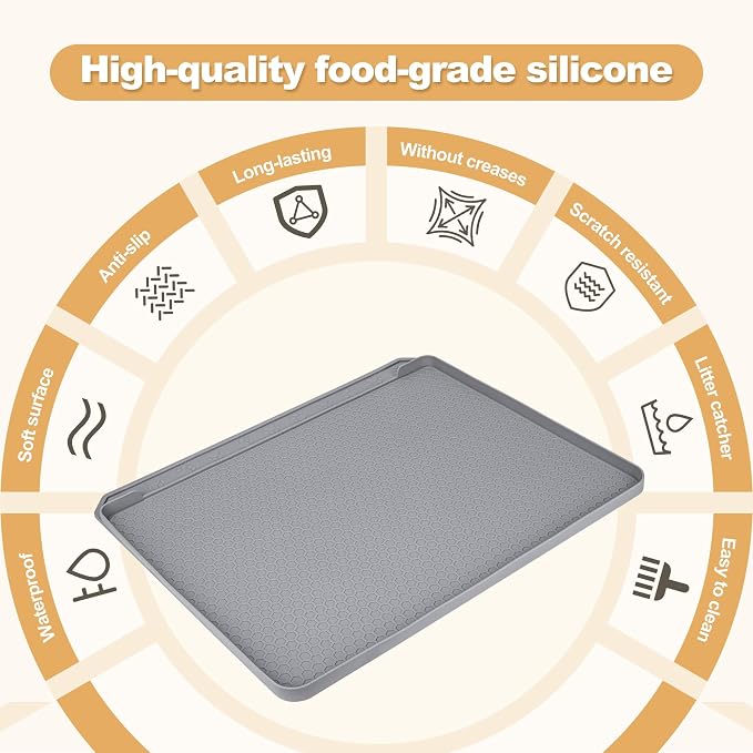 Extra Large Cat Litter Box Mat 34" x 22" – Waterproof Silicone Litter Trapper, Non-Slip, Easy to Clean Floor Protector, Soft on Kitty Paws(Light Grey)