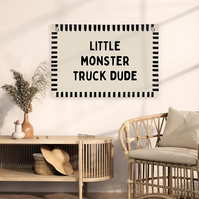 XYDEG Monster Truck Room Decor, Little Monster Truck Dude Canvas Banner Flag Wall Decor, Boy Nursery Wall Hanging Flag Decorations for Kids Boy Nursery Toddler Room Bedroom Playroom, 30x20 Inch