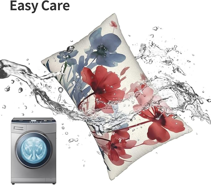 Floral Pillow Covers 12x20 Inches Set of 2 Independence Day Blue Red Floral Throw Pillow Covers Outdoor Spring Summer Flower Pillowcase Farmhouse Decorative Lumbar Cushion Cover for Home Sofa