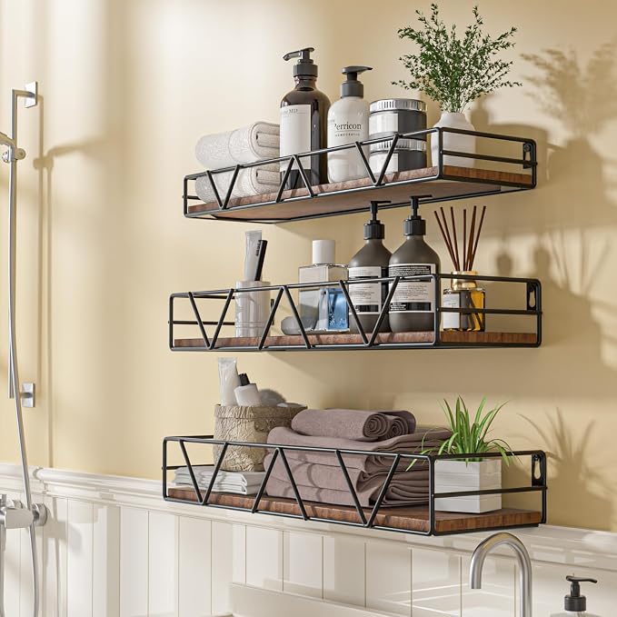 Floating Shelves Set of 3, Wood Wall Shelf, Farmhouse Shelf for Bedroom | Wall Mounted Floating Shelf for Living Room, Bedroom, Bathroom, Kitchen, Office