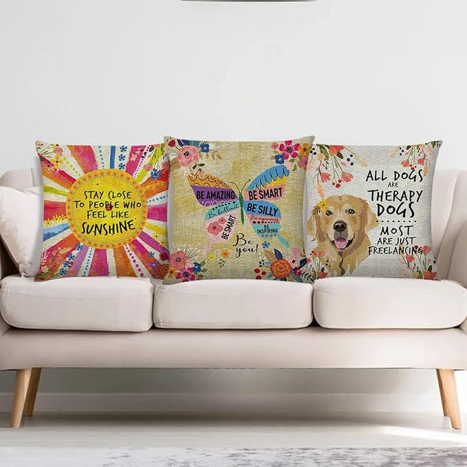 Littlefa Bright Colorful Throw Pillow Cover Butterfly Decorative Pillowcase | Boho Throw Pillow Cover with Inspirational Saying, 18×18 In