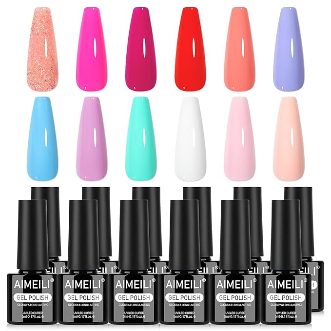 AIMEILI Summer Gel Nail Polish Set 12pcs, Hema Free, Cruelty Free, Vegan, Soak Off U V LED Nail Art Manicure Salon DIY for Women - Kit 33