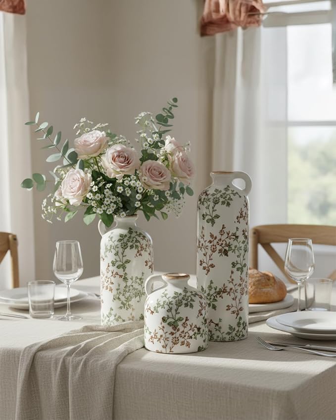 Green Floral Vase Set of 3 with Handles, Vintage Ceramic Jugs for Decor | Crackle glaze finish for farmhouse living rooms, shelves and table displays