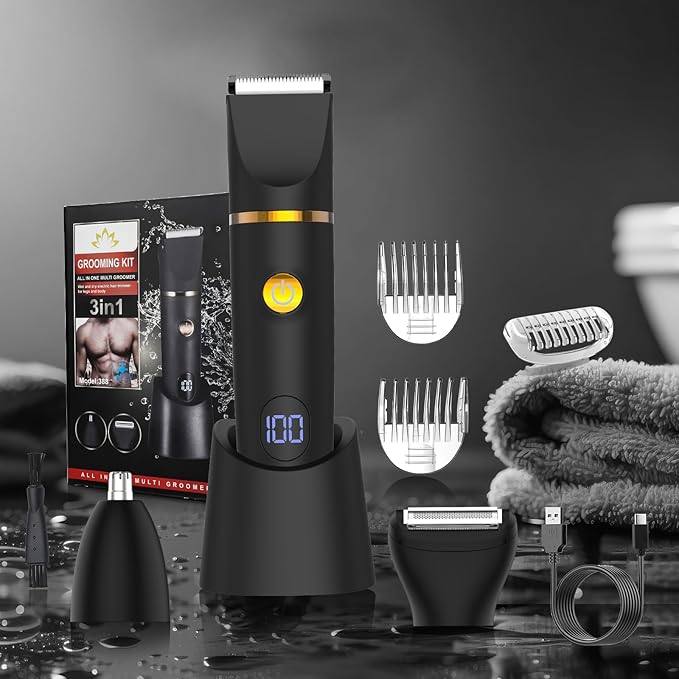 Zesuti Manscape Body Hair Trimmer for Men: Pubic Hair Trimmer, 3 in 1 Versatile Electric Shaver for Groin,Face,Beard,Nose,Waterproof Body Groomer with Ceramic Blades, Mens Gifts