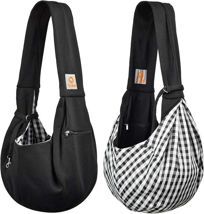 Tomkas Small Dog Cat Sling Carrier Puppy Purse Travel Wrap Soft Crossbody Pet Bag (Black, M - Zip Pocket & Classic Strap)