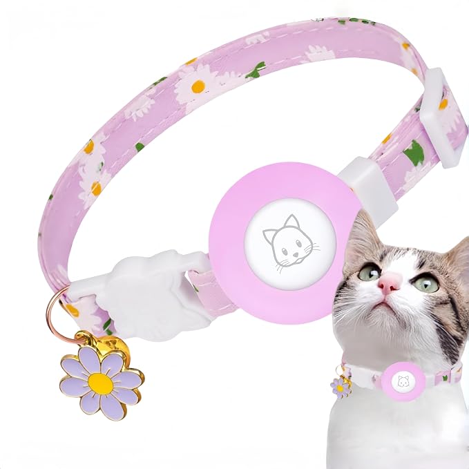 for Airtag Cat Collar Lightweight and Comfortable, Bells & Flower Charm Collar Breakaway with Silicone, for Apple Air Tag Holder Smart ID tag for Cats and Puppies (Purple)