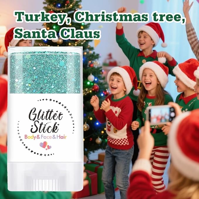 Christmas Green Hair Glitter Stick, Neon Outfit Party Holographic Sparkling Sequins Mardi Gras Accessories Face Paint & Body Glitter Eyeshadow Gel Makeup. (Green)