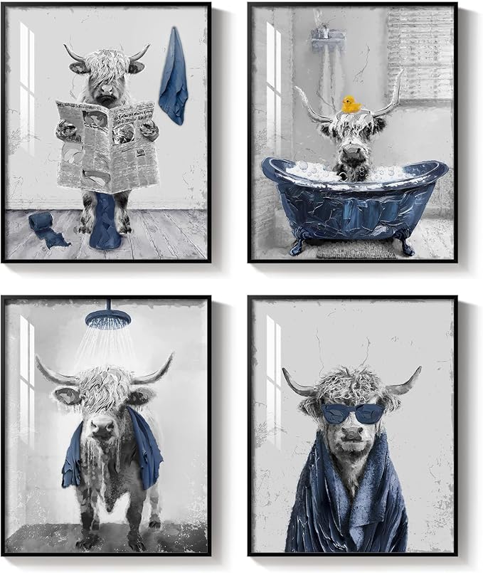 Framed Highland Cow Funny Animal Bathroom Wall Art, 4 Piece 8x10 In | Crystal porcelain coating, Waterproof prints, Navy blue and grey pictures, Wall decor for restroom toilet washroom