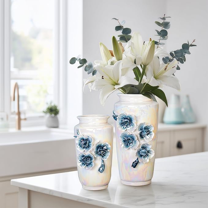 White Ceramic Vase 9 Inch - Modern Decorative Vase for Flowers, Centerpiece for Dining Table Living Room Entryway