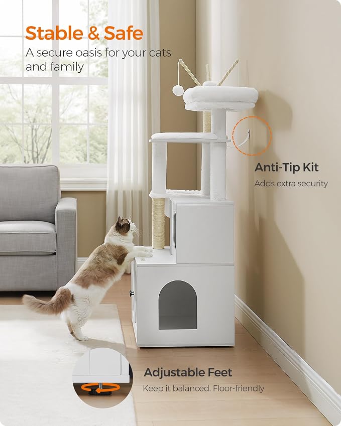Feandrea Cat Tree with Litter Box Enclosure, 59-Inch Modern Cat Tower | 2-In-1 Condo with Scratching Posts, Washable Removable Cushion, Cloud White UPCT113W01