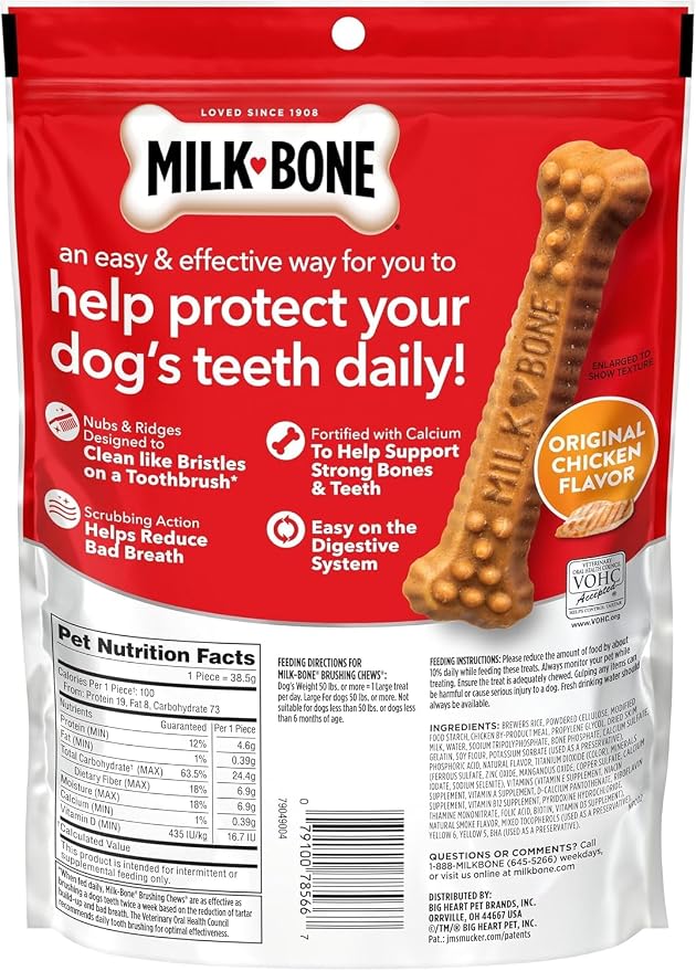 Milk-Bone Brushing Chews, Large, Original Flavor, 30 Dental Treats | 5 (6-count) bags, Daily dental dog treats, For dogs 50+ lbs., Original chicken flavor