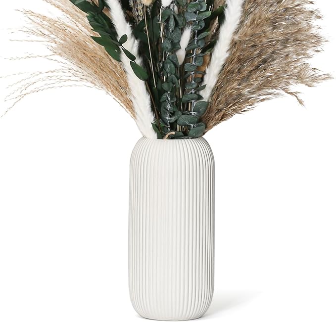 Bohemian White Ceramic Vase - for Pampas Grass, Mantel, Bookshelf, Entryway and Living Room Decor (White, 8in-Pill)