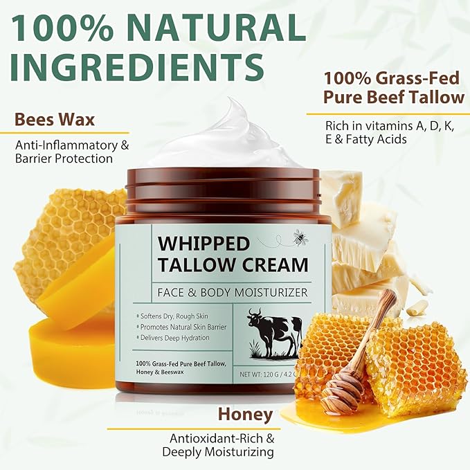 Whipped Beef Tallow for Skin - 100% Grass Fed Pure Beef Tallow with Honey, Natural Moisturizing Cream for Face and Body, Deep Hydration Softens Dry Skin, Nourishing Tallow Cream 4.2 Oz