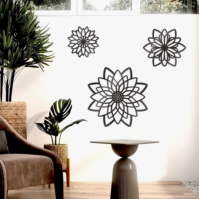 Zzbakress 3 Pcs Metal Flowers Wall Art Bathroom Wall Decor(Black Concise) | Farmhouse Flower Bathroom Decor Wall Decorations For Bathroom, Living Room, Office, Kitchen, Hallway And Outdoor