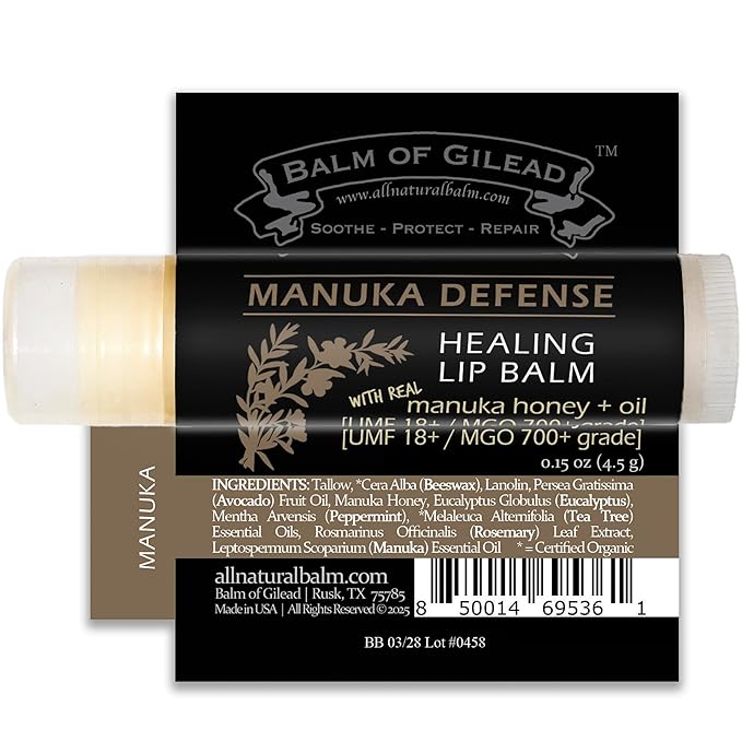 BALM OF GILEAD Manuka Defense Healing Lip Balm - Intensive Moisture Therapy in Tube w/Manuka, Tea Tree & Cooling Peppermint - Ideal for Chapped & Cracked Lips - Beauty Pack Of 4-0.15 oz