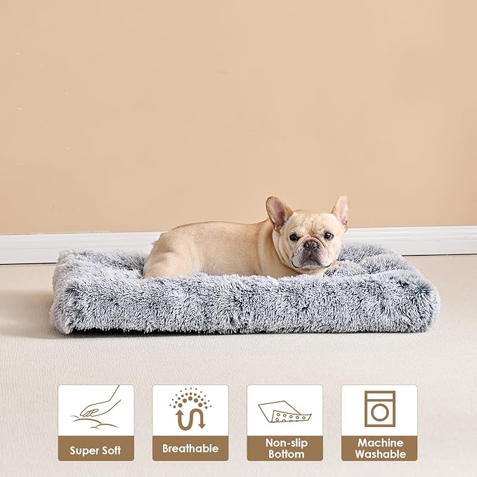 EHEYCIGA Fluffy Dog Crate Bed for Medium Dogs, Plush Crate Pad, Grey | Calming Anti Anxiety Medium Dog Bed, Washable Soft Warm Faux Fur Crate Mat with Non-Slip Bottom