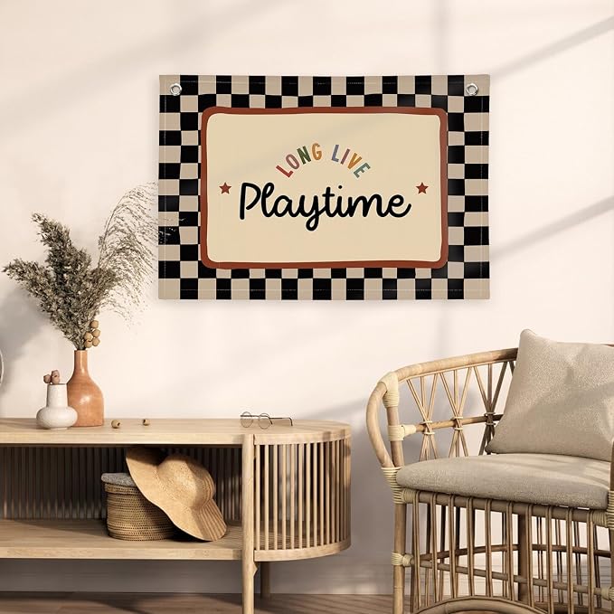 XYDEG Playroom Wall Decor, Black and White Checkered Toddler Playroom Decor Hanging Linen Banner,Play Room Wall Art for Nursery Kids Boy Girl Room Bedroom, 30x20 Inch