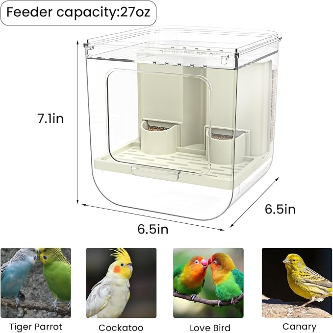 No Mess Automatic Bird Feeder for Cage,Parakeet Seed Catcher,Food Container | Preventing Birdseed Husk Spillage,Gravity-Fed Feeding,High-Capacity,Versatile Feeder or Bath,Top-Loading for Refilling