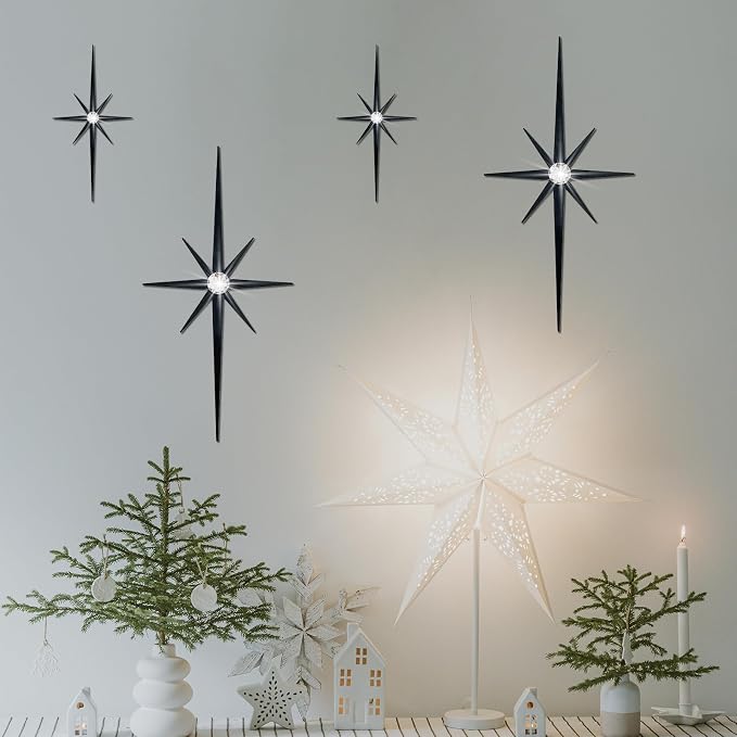 4 Pcs Star Wall Art for Home Decor Living Room Bedroom Office Metal 3D,Bling,with Hanging Hook Starburst Midcentury Sculpture Retro Gallery Accent Celestial -Black 16.5in/9.4in