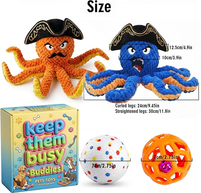 Pet Toys for Dogs Interactive Octopus Dog Toy to Keep Them Busy - Replacement Shells and 2 Bell Silent Balls - Durable Enrichment for Medium Large Dogs (2)