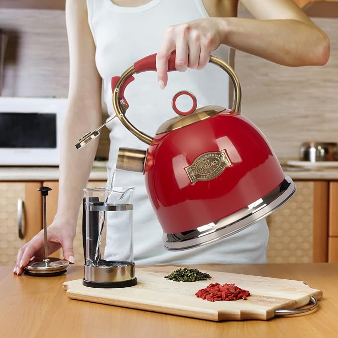 Tea Kettle, Stovetop Whistling Teapot, Stainless Steel, Red, 3.0-Quart