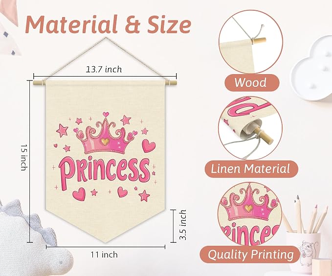 Princess Room Decor for Girls Bedroom, Pink Cute Princess Crown Linen Pennant Banner for Baby Girl Nursery Wall Hanging, Playroom Toddler Room Decorations 15x11 Inch